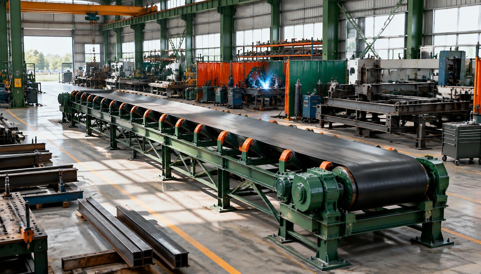 Illustrative industrial conveyor and fabrication workshop